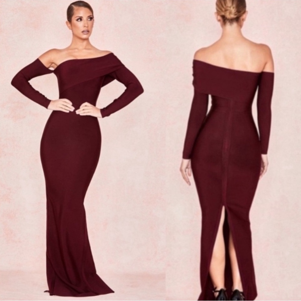 House of CB Off-Shoulder Long Sleeve Wine Dress